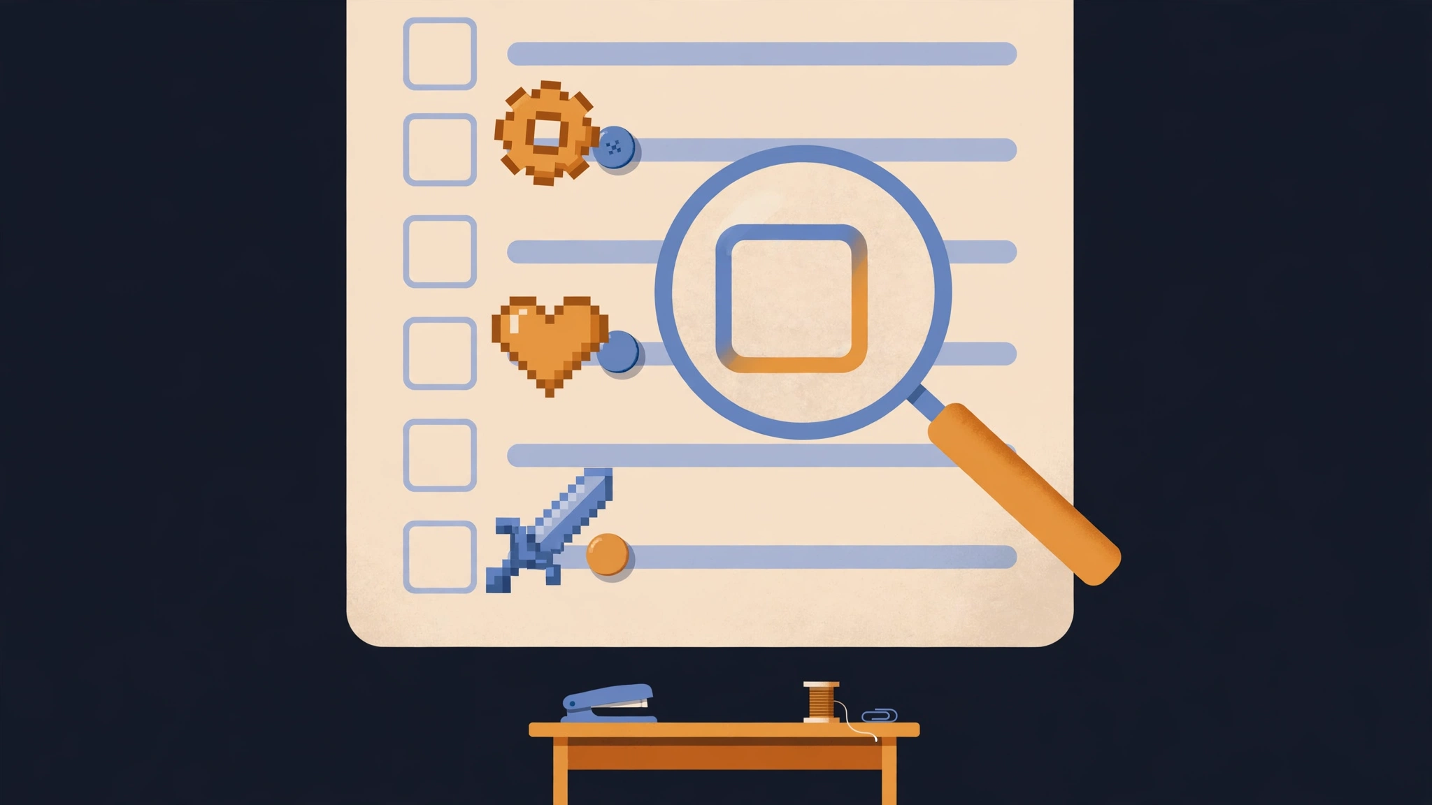 An oversized paper checklist with pixel icons of a gear, a heart and a sword, a magnifying glass hovering over one item