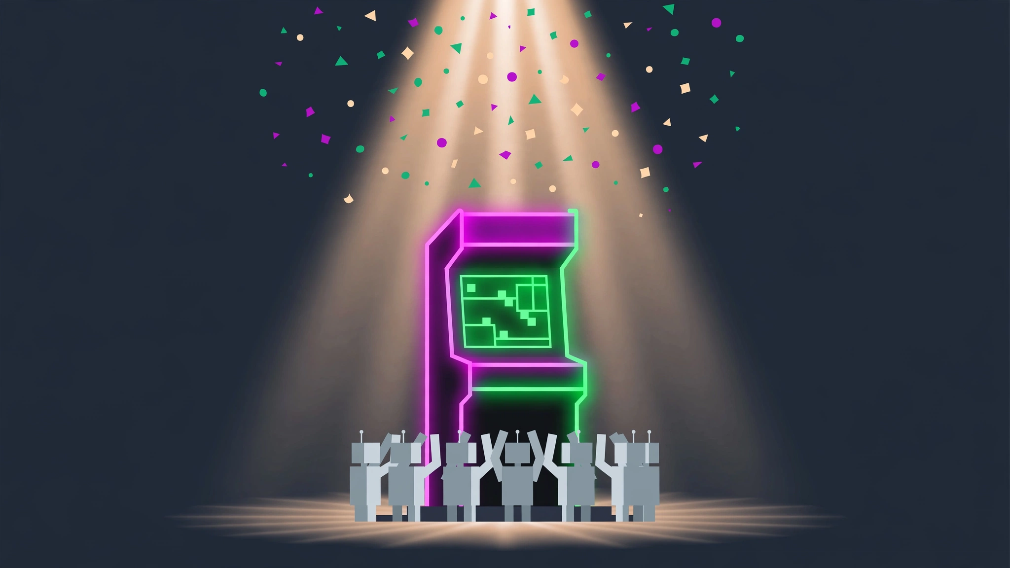 A neon-outlined arcade cabinet under a fading spotlight with confetti falling around the darkened machine