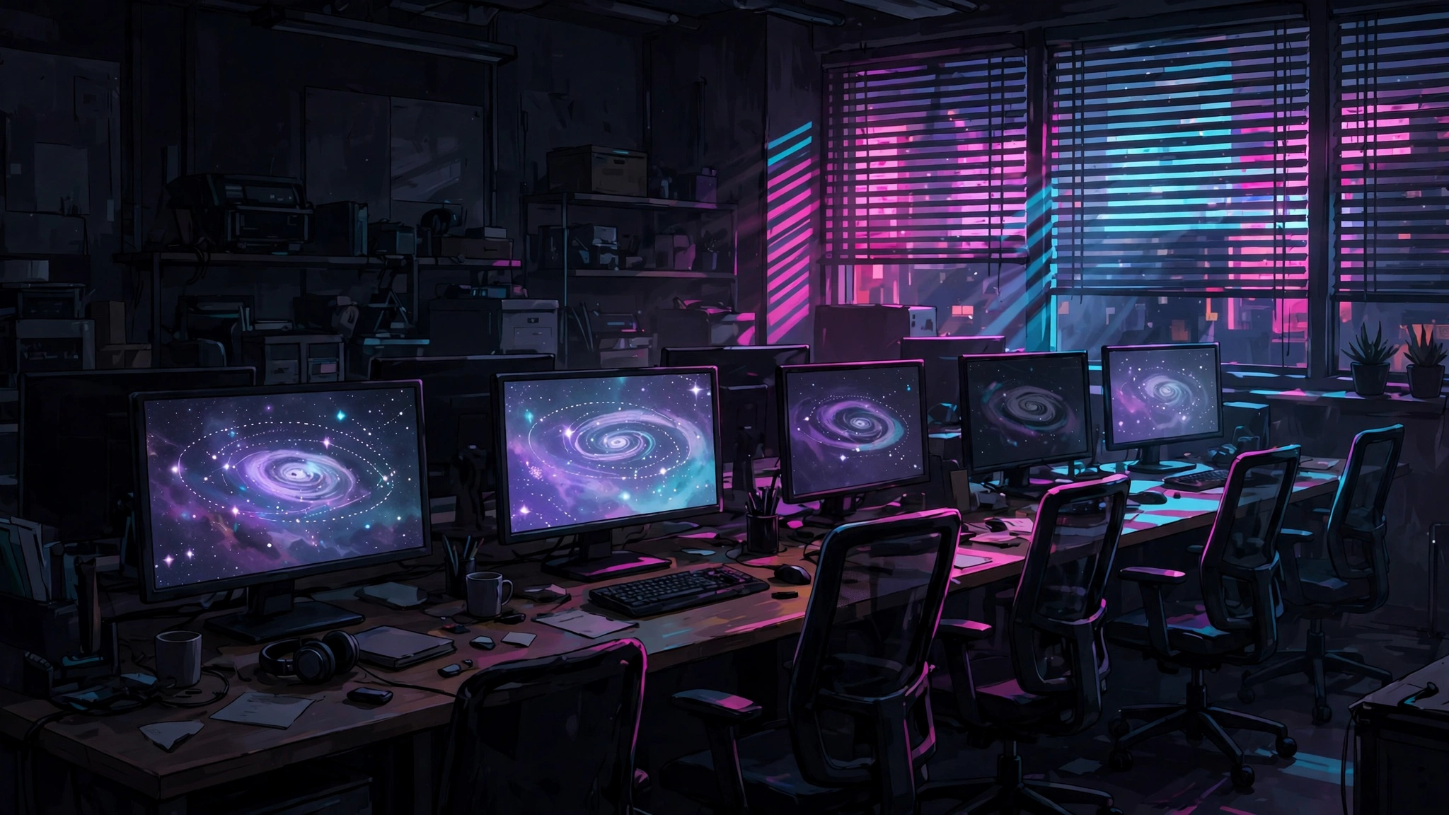 A darkened game studio office at dusk, monitors showing a fading galaxy map, empty chairs along a long desk