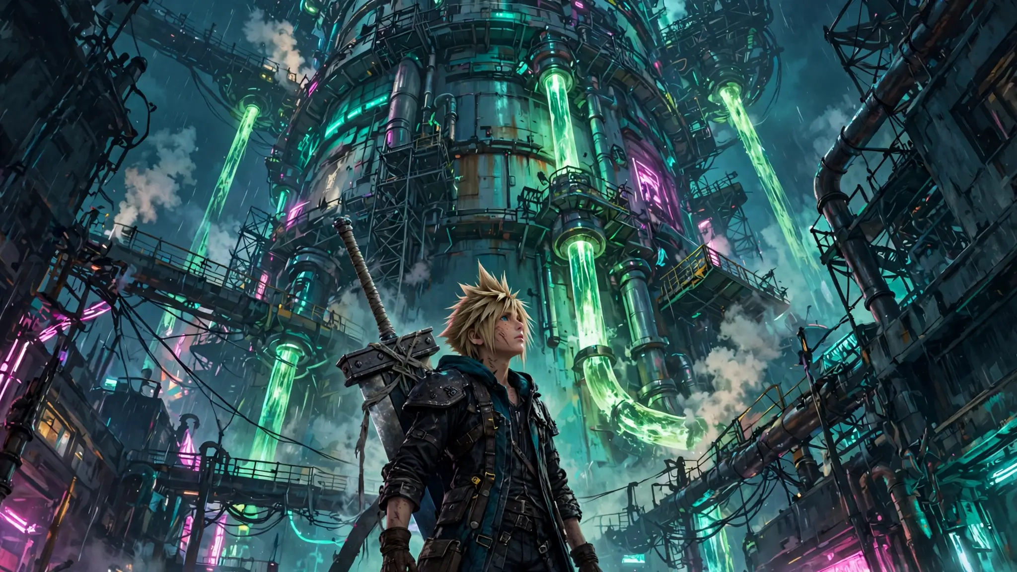 A young swordsman with an oversized blade standing in a neon-lit industrial city beneath a massive reactor