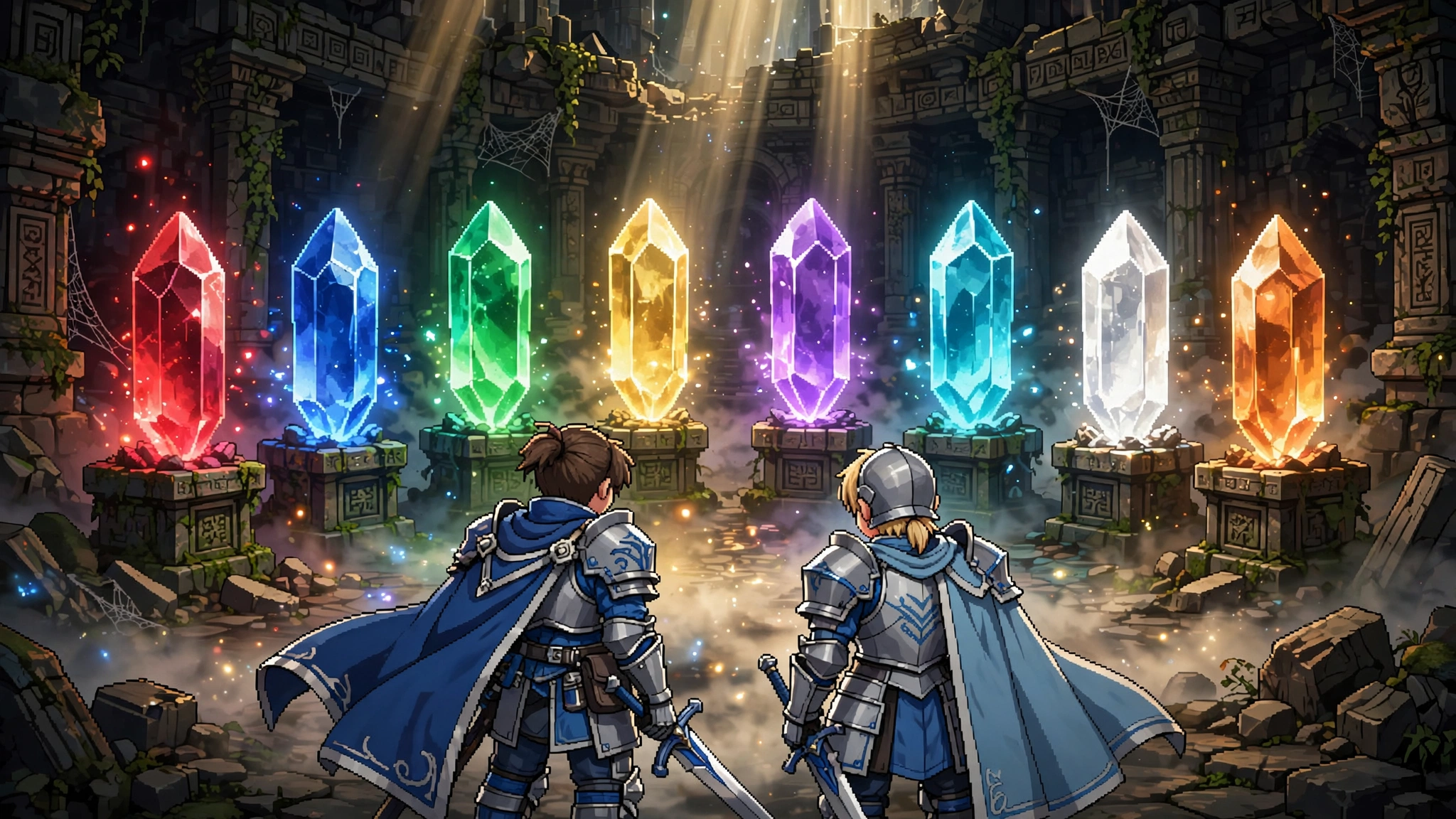 Two young knights with swords standing before eight glowing crystals, rendered in detailed pixel art with dramatic lighting