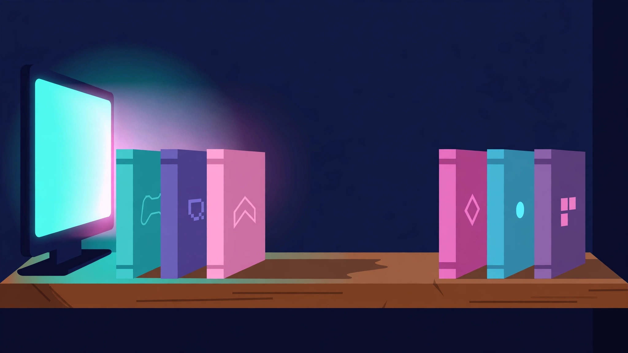 A row of game cases on a shelf with one empty slot, lit by a television's glow