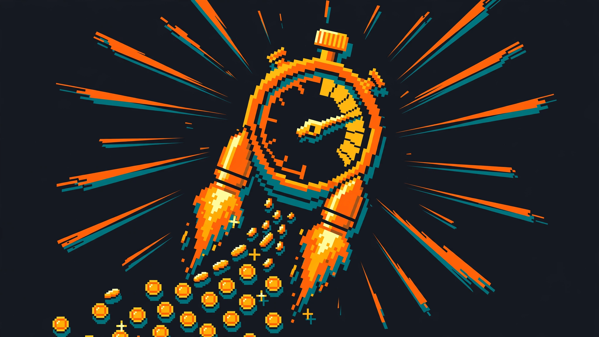 A pixel-art stopwatch with rocket boosters blasting off, trailing golden pixel coins