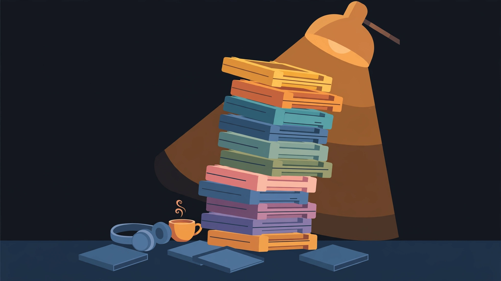 A towering stack of game cartridges under a warm desk lamp, with headphones and a coffee mug beside it