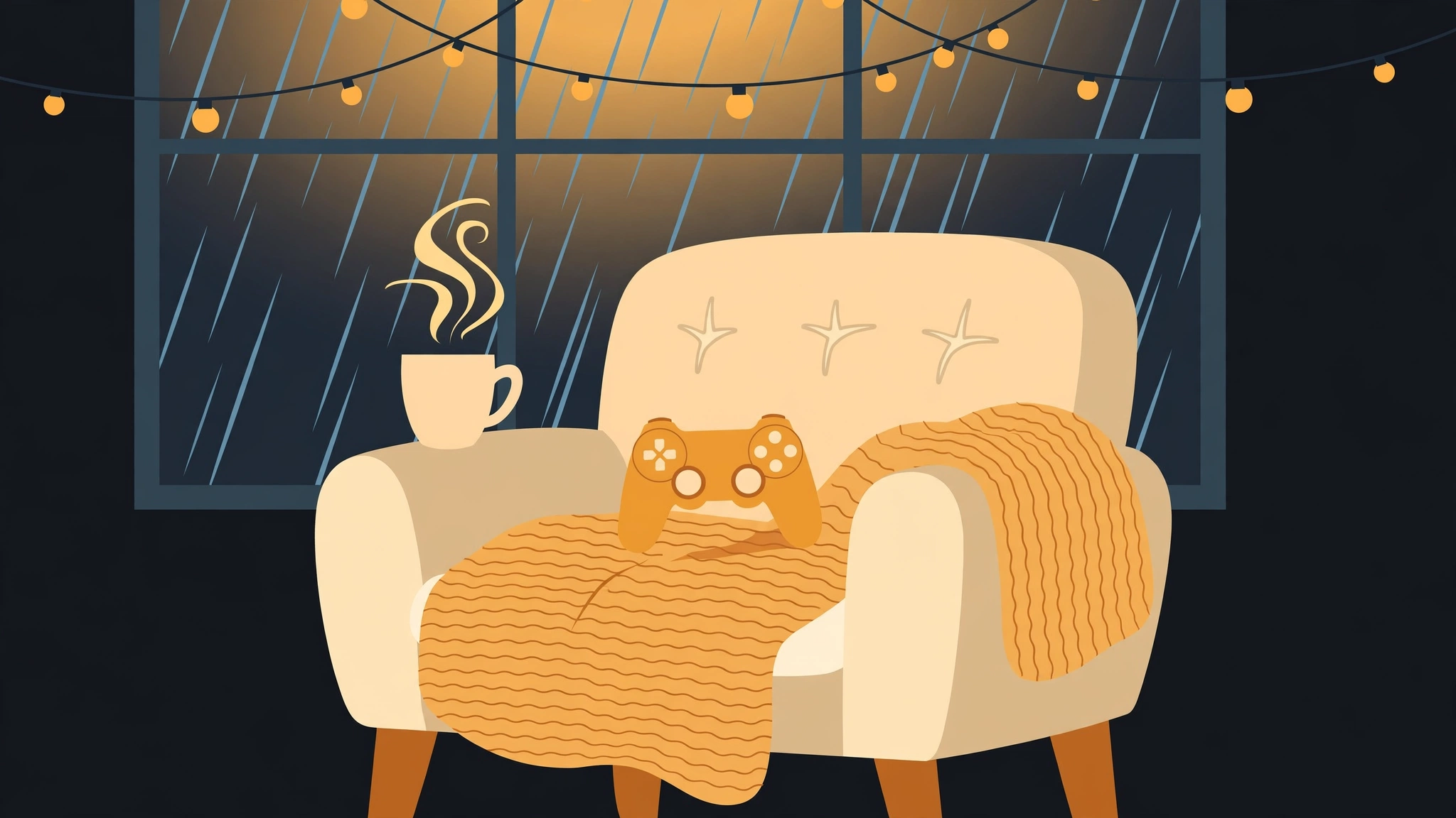 A game controller resting on a knitted blanket over a cozy armchair, rain on the window behind, string lights overhead