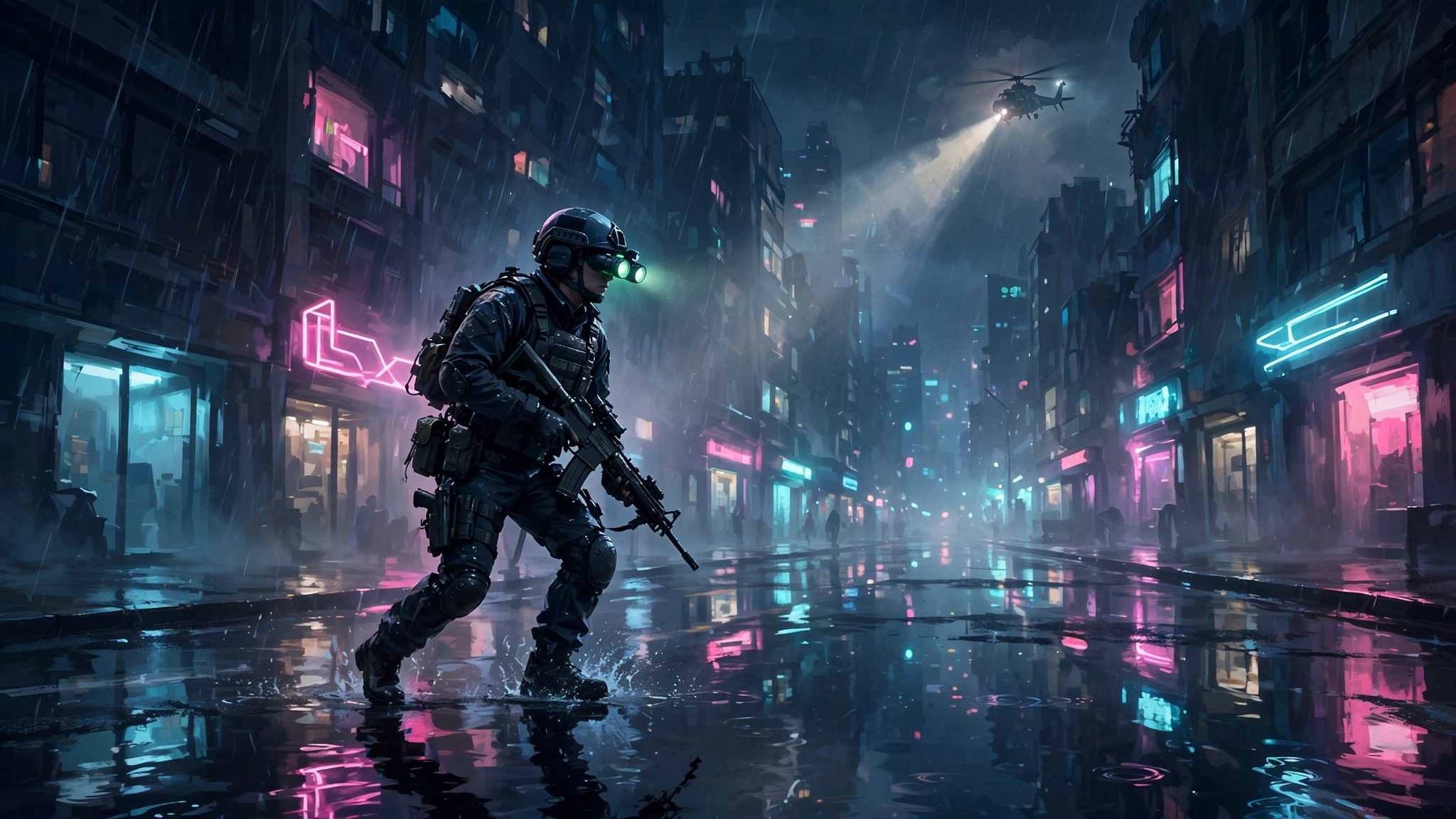 A special forces soldier in night-vision gear moving through a rain-slick city street at night, helicopter lights in the distance