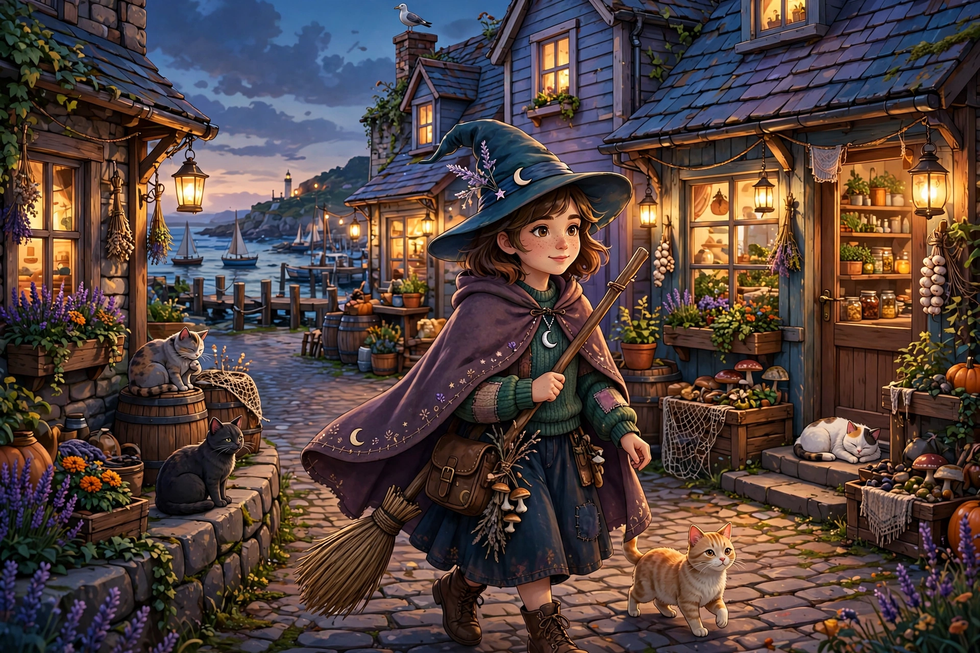 A young witch walks a lantern-lit seaside town street at dusk