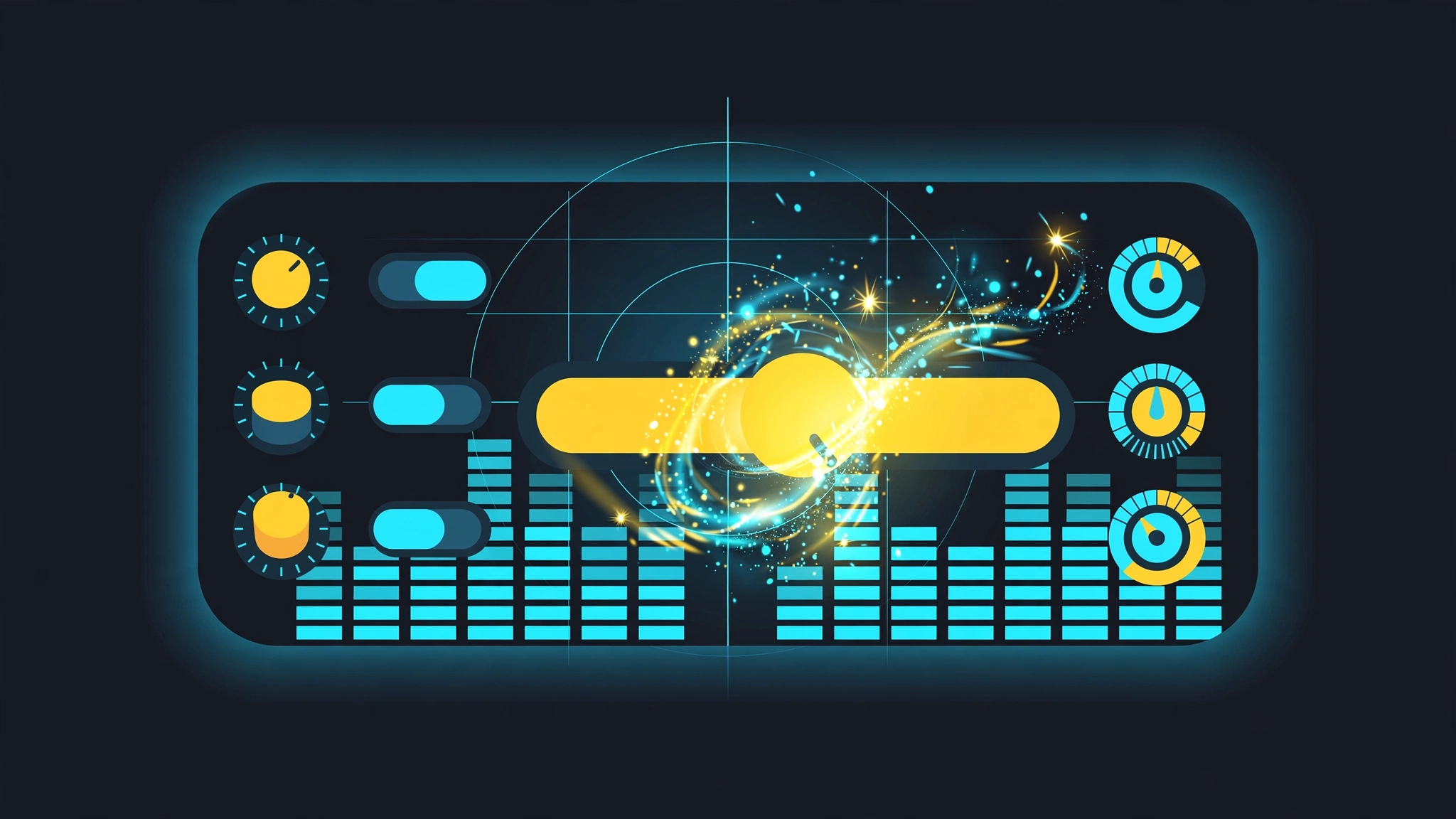 A floating control panel with sliders, toggles and dials, one glowing slider radiating sparkles