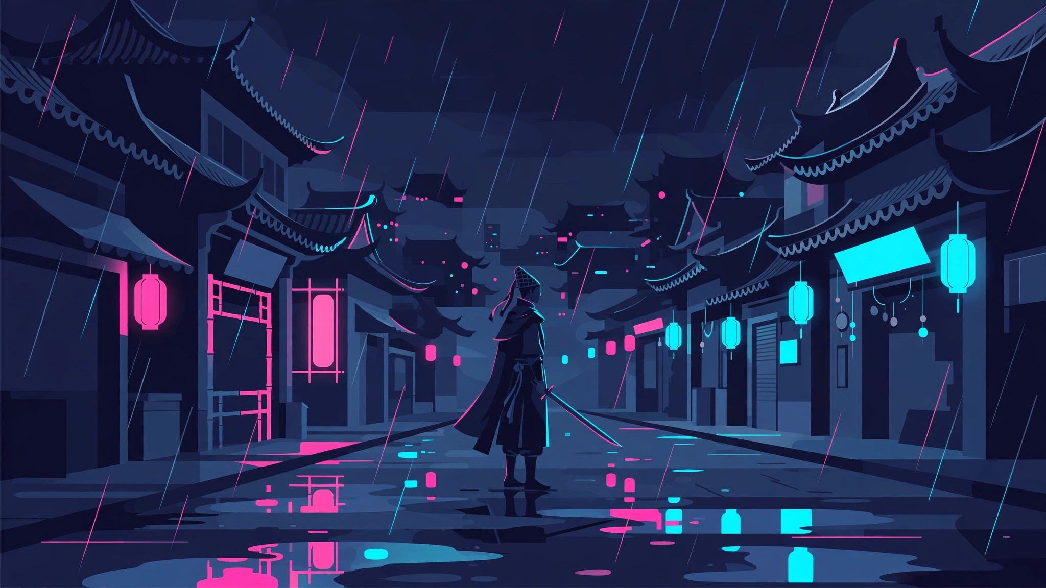 A lone swordsman in a rain-slicked wuxia city street, blade drawn, neon signs reflected in the wet stone