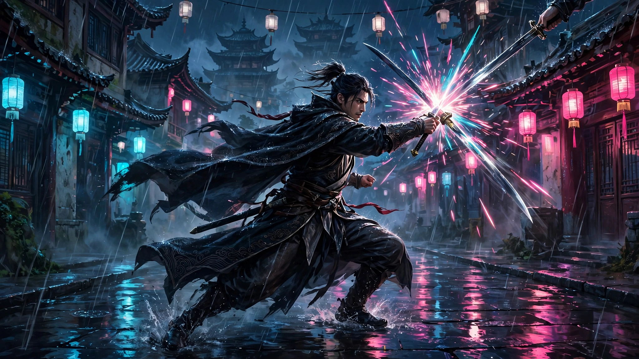 A wuxia swordsman in dark robes parrying an incoming blade in a rain-slicked lantern-lit street, pink and cyan sparks flying from the clash