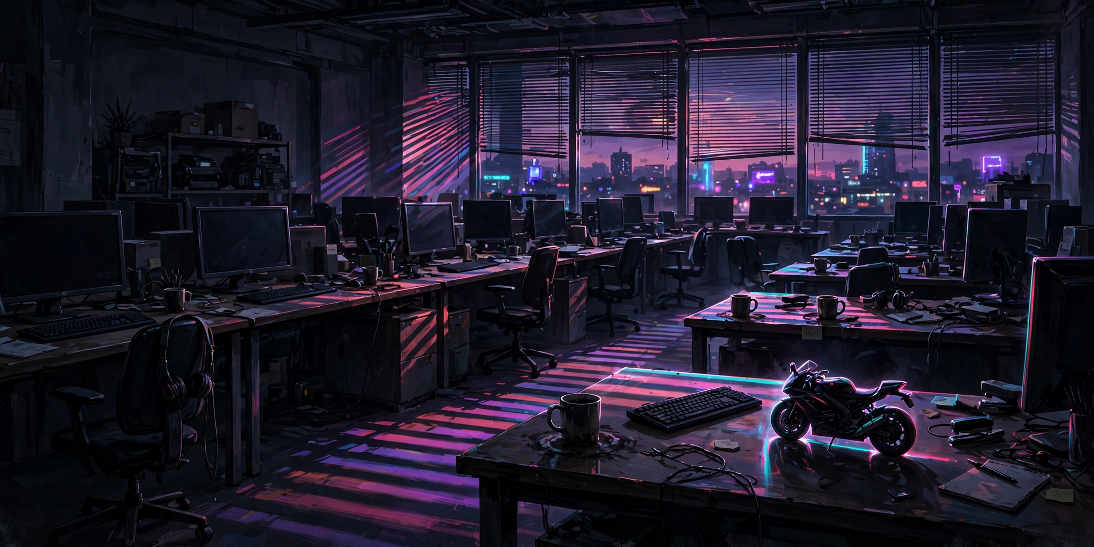 An empty game studio office at dusk, monitors dark, a small toy motorcycle on one desk